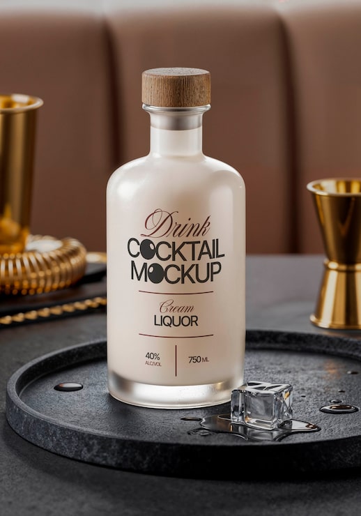 Kostenlose PSD elegante cocktailflasche mit eis auf einem schwarzen tellermodell