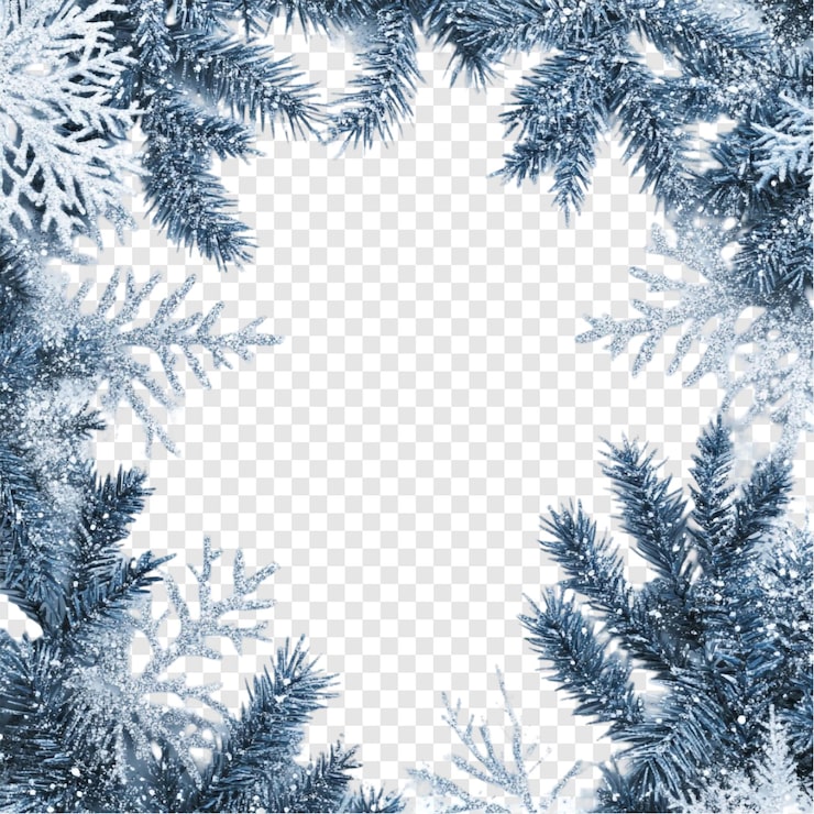 Kostenlose PSD schneewinter-wunderland rahmen festliche blaue kiefernzweige und funkelnde schneeflocken