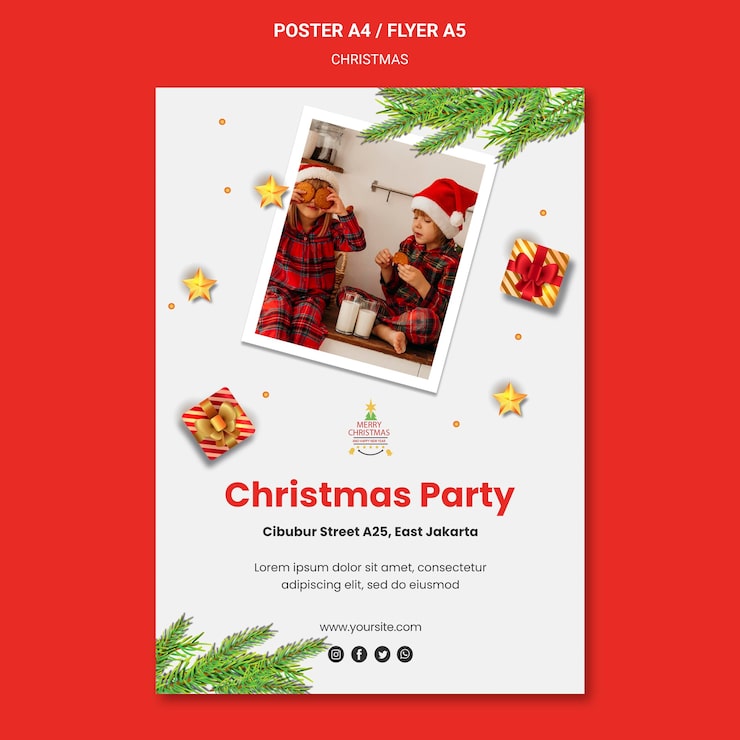Kostenlose PSD vertikales plakat für weihnachtsfeier mit kindern in weihnachtsmützen