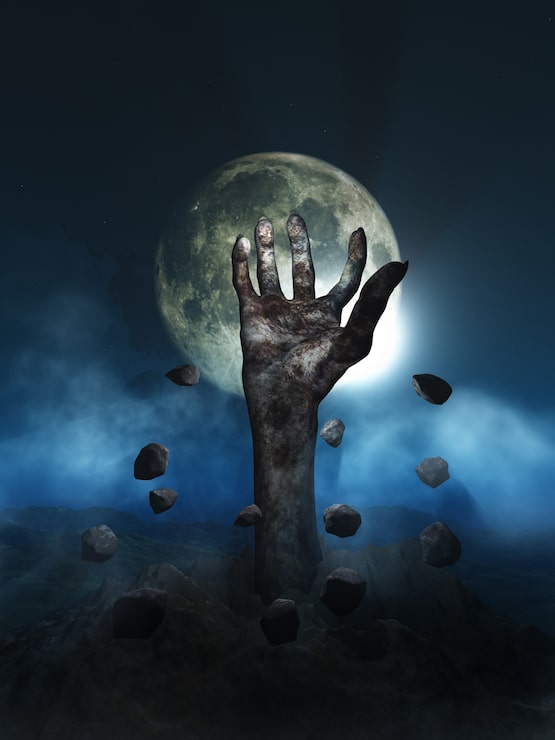 Gratis Foto 3d-gjengivelse av et halloween-konsept med zombiehånd som bryter ut av bakken