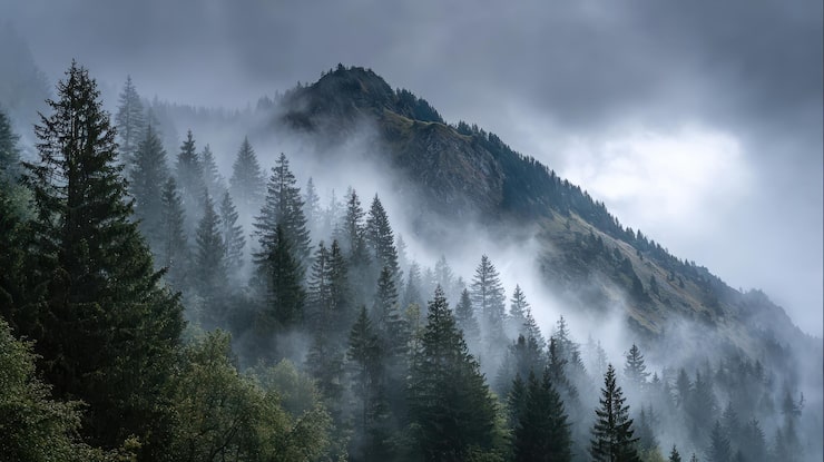 Gratis Foto dramatisk tåkete fjellandskap med furuskog