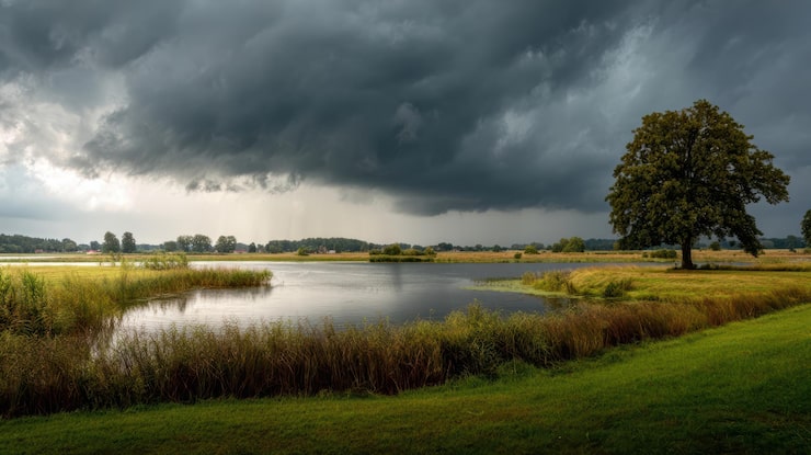 Gratis Foto dramatiske stormskyer over et rolig innsjølandskap