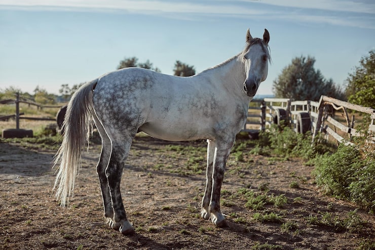Gratis Foto fullblodshest i en innhegning utendørs. hvit hest sidevisning