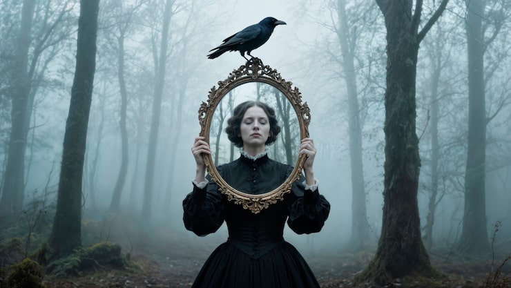 Gratis Foto mystisk kvinne holder et utsmykket speil med en ravn i en tåkete skog