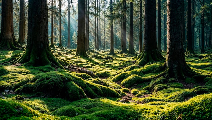 Gratis Foto sollysbelyst mosegrodd skog