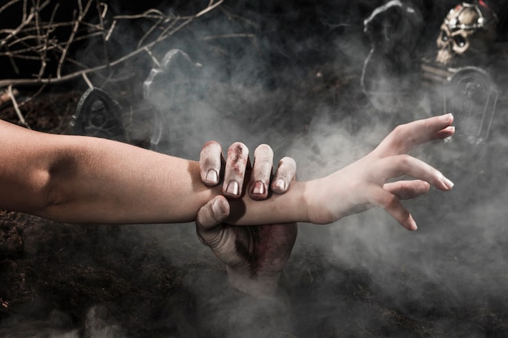 Gratis Foto zombiehånd som fanger person på halloween-kirkegård
