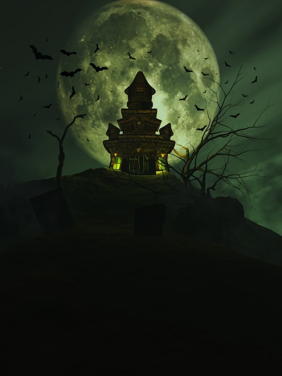 Gratis Bild 3d halloween-slott med fladdermöss på himlen