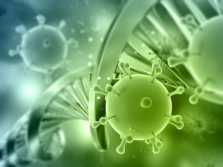 Gratis Bild 3d-rendering av en medicinsk bakgrund med dna-sträng och virusceller
