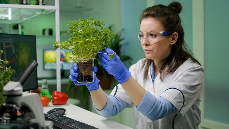 Gratis Bild botanikerforskare kvinna som undersöker grön planta som observerar genetisk mutation som analyserar organiska växter för jordbruksexperiment. kemist som arbetar i biologiskt farmaceutiskt laboratorium