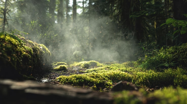 Gratis Bild dimhöljd skogsbotten med solstrålar och frodig grön mossa i naturlig skogsmark.