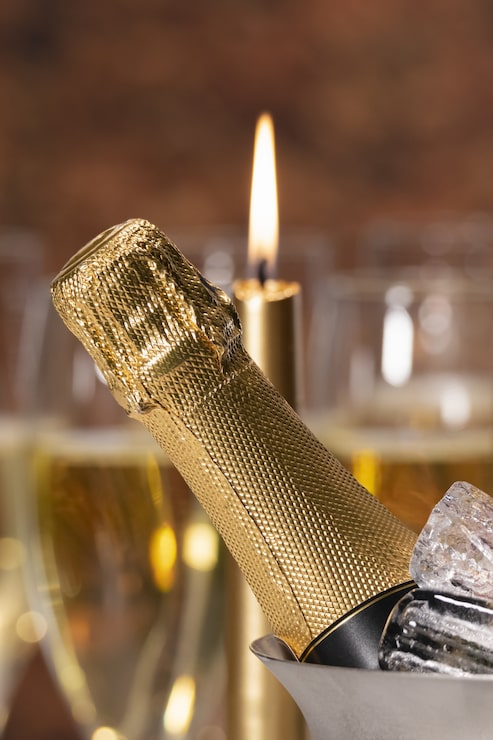 Gratis Bild en champagneflaska med isbitar och ett tänt ljus i bakgrunden som är suddigt. koncept för firande.