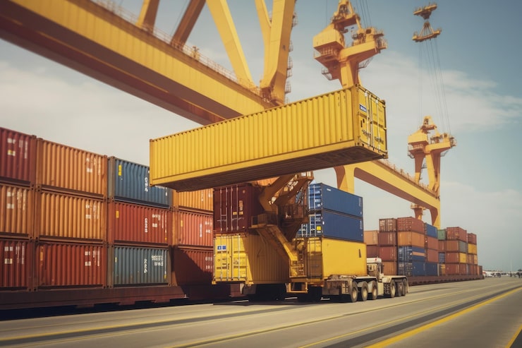 Gratis Foto enorme fragtkran i en havn, der laster en gul container ai generativ