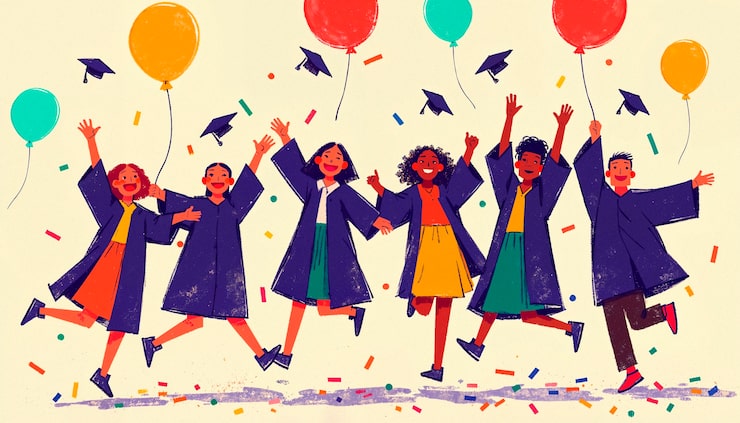 Gratis Bild examensfirande med glada studenter och ballonger