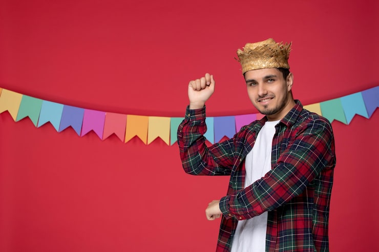 Gratis Bild festa junina exalterad ung kille som bär stråhatt firar brasiliansk festival och dansar