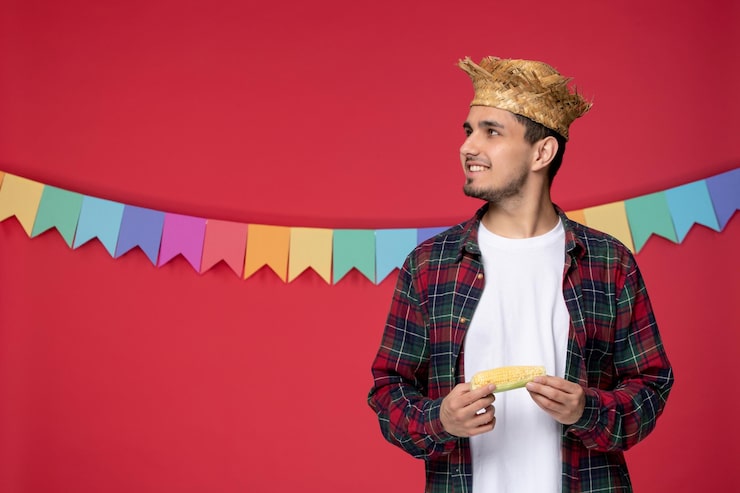 Gratis Bild festa junina leende söt kille med stråhatt som firar brasiliansk festival och tittar upp