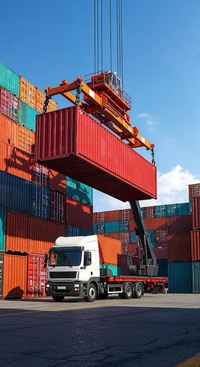 Gratis Foto forsendelsescontainer, der læsses på en lastbil i en havn