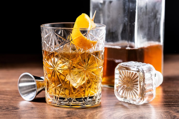 Gratis Bild gammaldags cocktail garnerad med apelsin på träbord