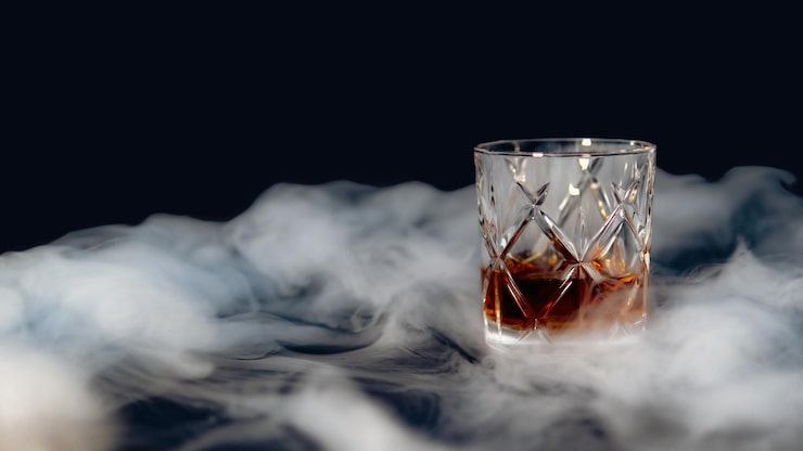 Gratis Bild glas whisky på ett bord täckt av rök mot en svart bakgrund