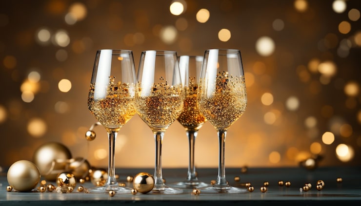 Gratis Bild glödande champagneglas lyser upp det lyxiga festliga firandet, genererat av artificiell intelligens