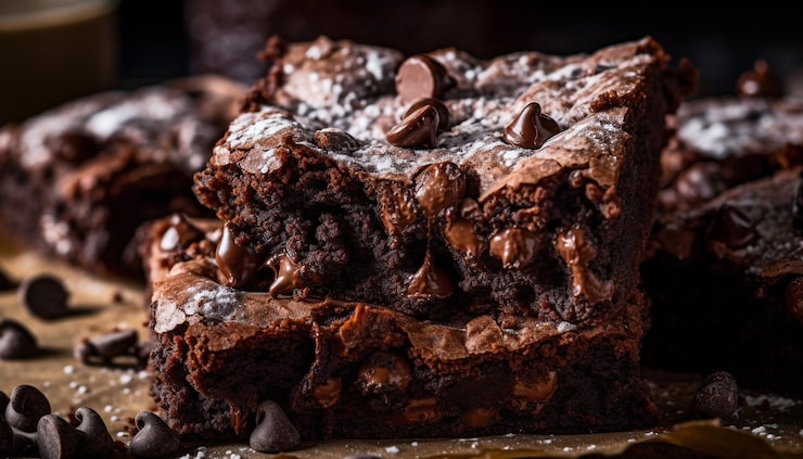 Gratis Bild gourmet choklad brownie stack på rustik träplatta genererad av ai