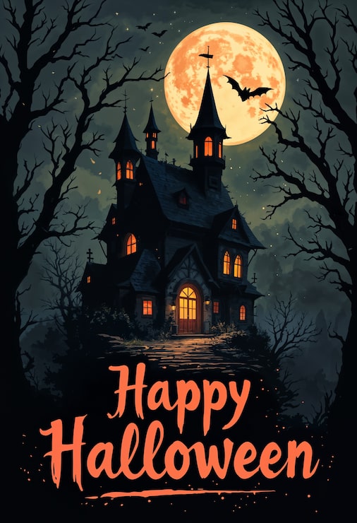 Gratis Bild halloween-affischillustration med spökhus