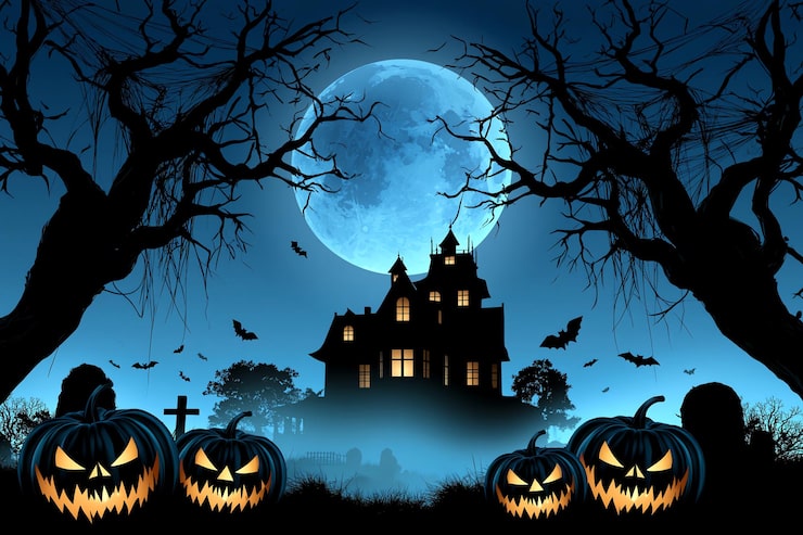 Gratis Bild illustration av spökhus med jack-o'-lanternor och fullmåne