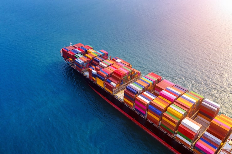 Gratis Foto luftfoto af containerskib på havet.
