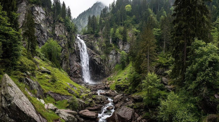 Gratis Bild majestätiskt vattenfall som forsar genom en frodig bergsskog
