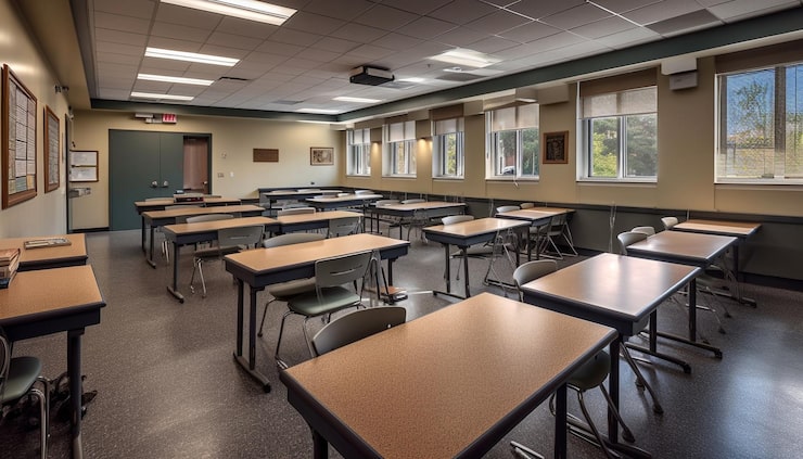 Gratis Bild moderna klassrum tomma stolar som väntar på studenter genererade av ai