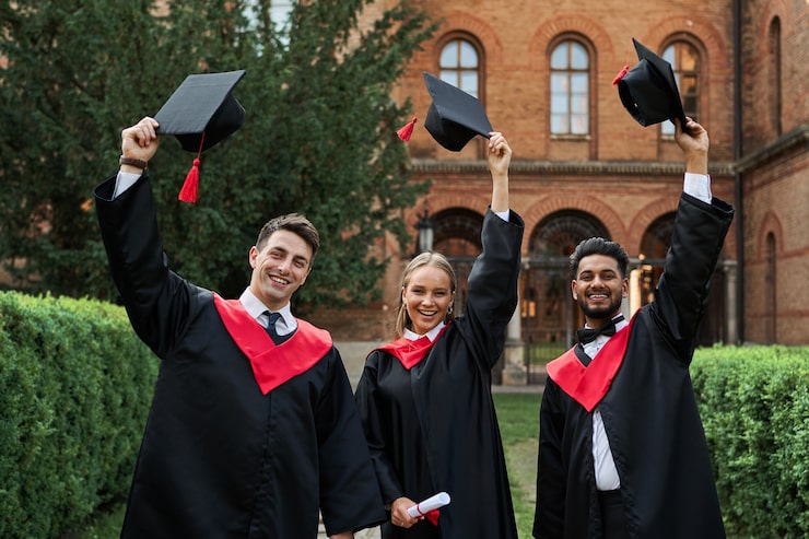 Gratis Bild multinationella utexaminerade män och kvinnor som firar examen på universitetsområdet, tar av sig sina examenshattar och ler mot kameran.