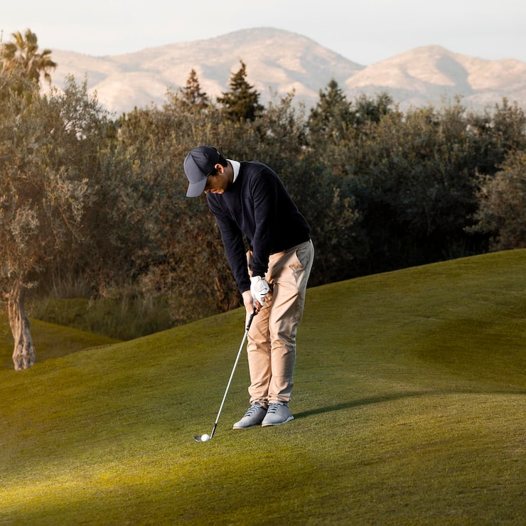 Gratis Bild sidovy av man som spelar på den gräsbevuxna golfbanan