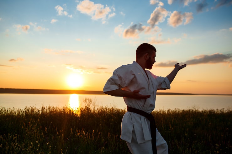 Gratis Bild silhuett av sportig man som tränar karate på ett fält i soluppgången.