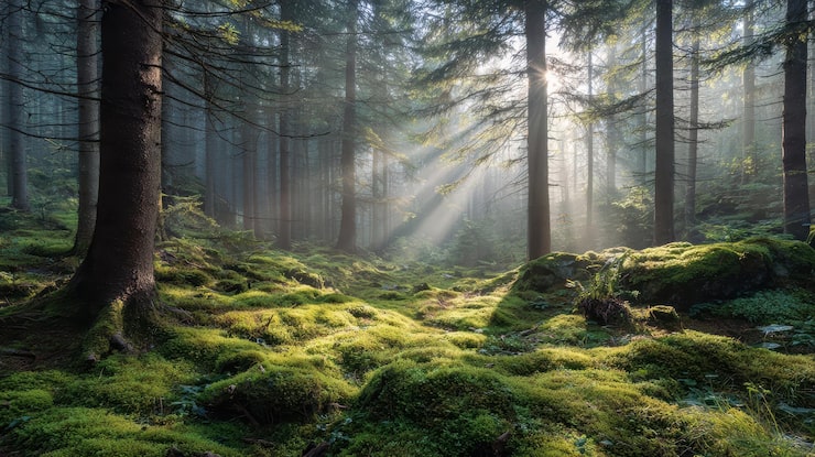 Gratis Bild solstrålar bryter igenom dimmig grön skog med mossbeklädd mark i fridfull natur.