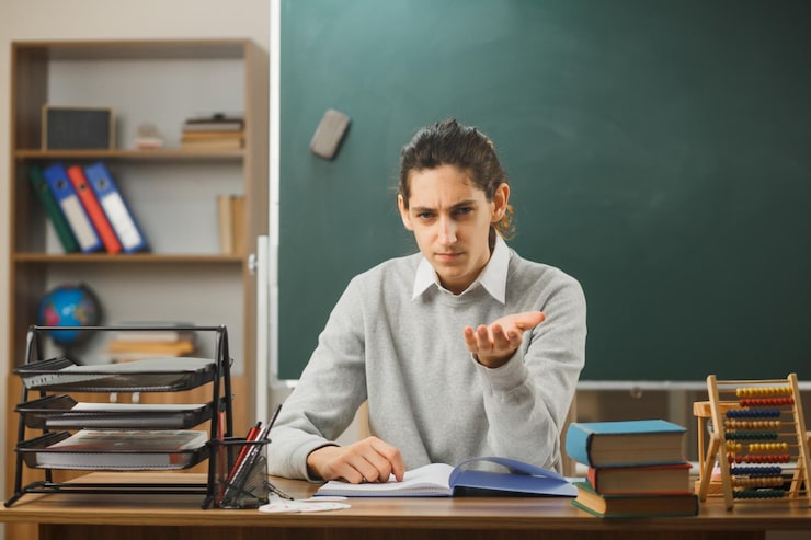 Gratis Bild sträng ung manlig lärare som håller upp handen mot kameran, sittande vid ett skrivbord med skolmaterial i ett klassrum