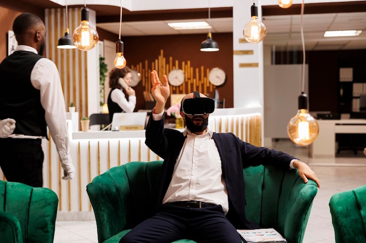 Gratis Bild tjänsteman använder vr-glasögon i loungeområdet på hotellet och arbetar med affärsprojektutveckling innan han deltar i ett möte. entreprenör med headset för virtuell verklighet på affärsresa.