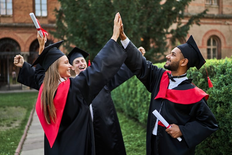 Gratis Bild tre glada internationella utexaminerade vänner som hälsar på universitetsområdet i examensdräkter med examensbevis.