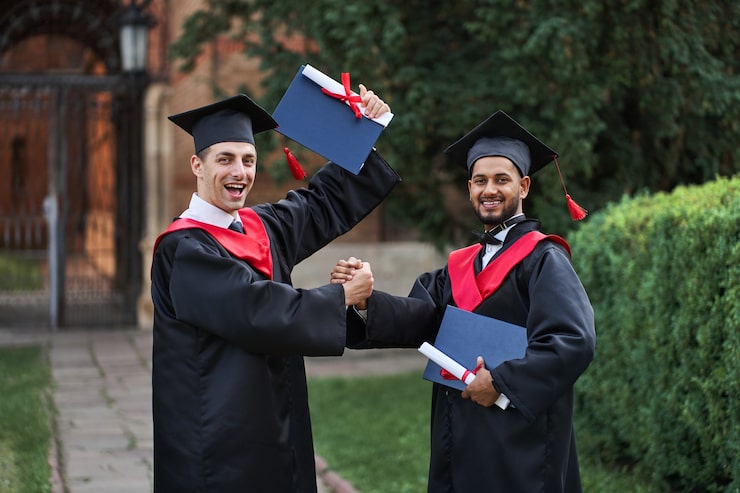 Gratis Bild två internationella akademiker firar examen på universitetsområdet och tittar på kameran.