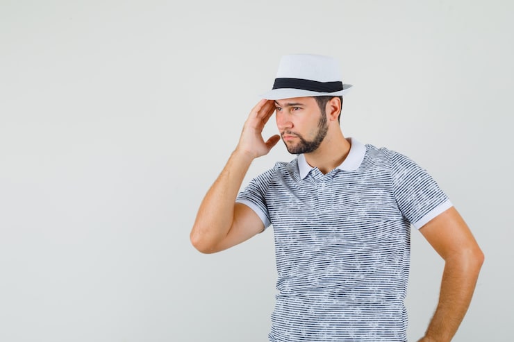 Gratis Bild ung man i t-shirt, hatt drar i huden på sina tinningar och ser eftertänksam ut, framifrån.