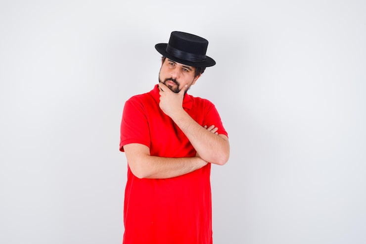Gratis Bild ung man som tänker i röd t-shirt, svart hatt och ser eftertänksam ut, framifrån.