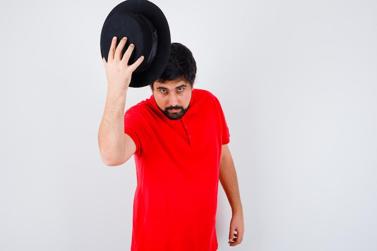 Gratis Bild ung man som tar av sig hatten medan han träffar någon i röd t-shirt, svart hatt, framifrån.