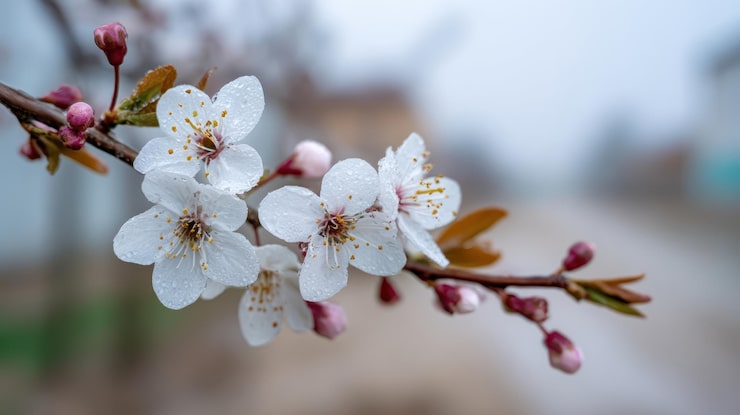 Gratis Bild vårblommor med regndroppar på en gren
