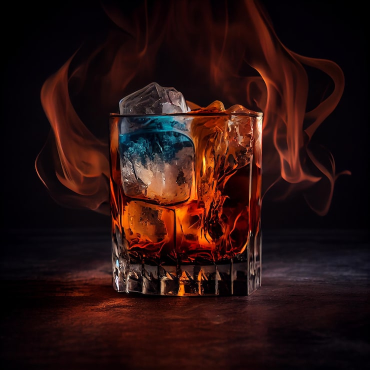 Gratis Bild whisky on the rocks i glödande glasrörelse, generativ ai