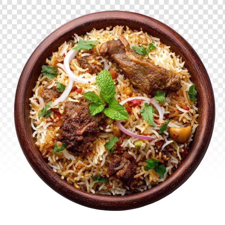 Gratis PSD autentisk fårbiryani i en rustik träskål