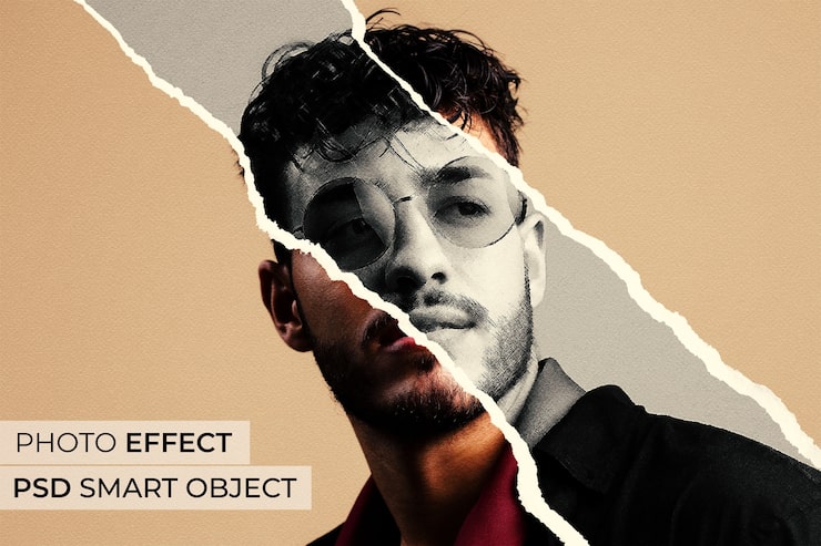 Gratis PSD design med fotoeffekt af blyantstegning på iturevet papir
