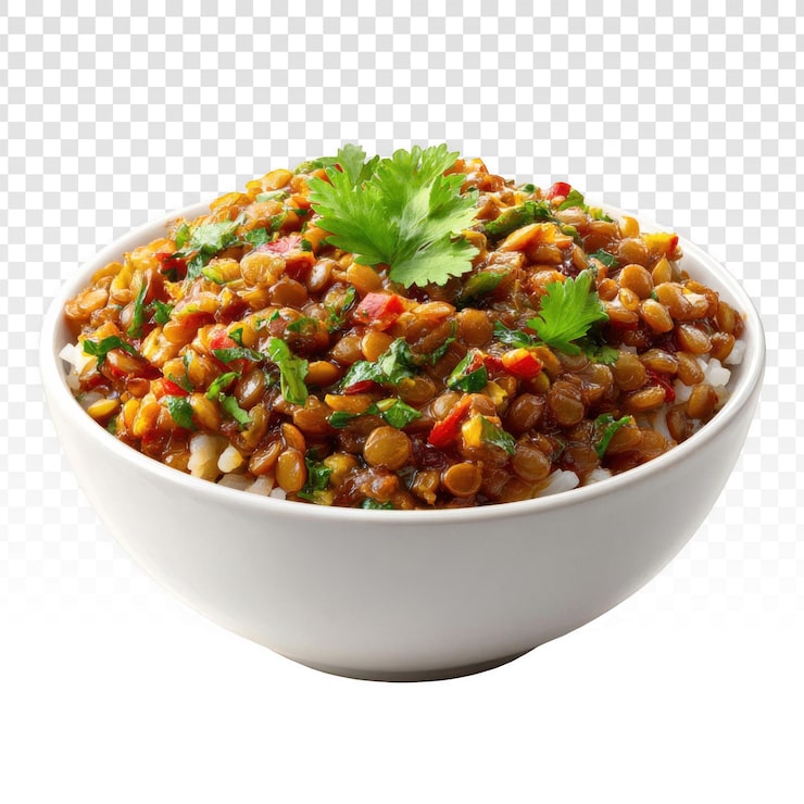 Gratis PSD en aptitlig vit skål med linsgryta serverad över ris, toppad med färsk koriander och röd paprika på en svart bakgrund