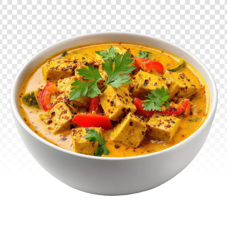 Gratis PSD en läcker skål med krämig gul curry, tofutärningar, röda paprikor och färsk persiljegarnityr, placerad mot en mörk bakgrund.