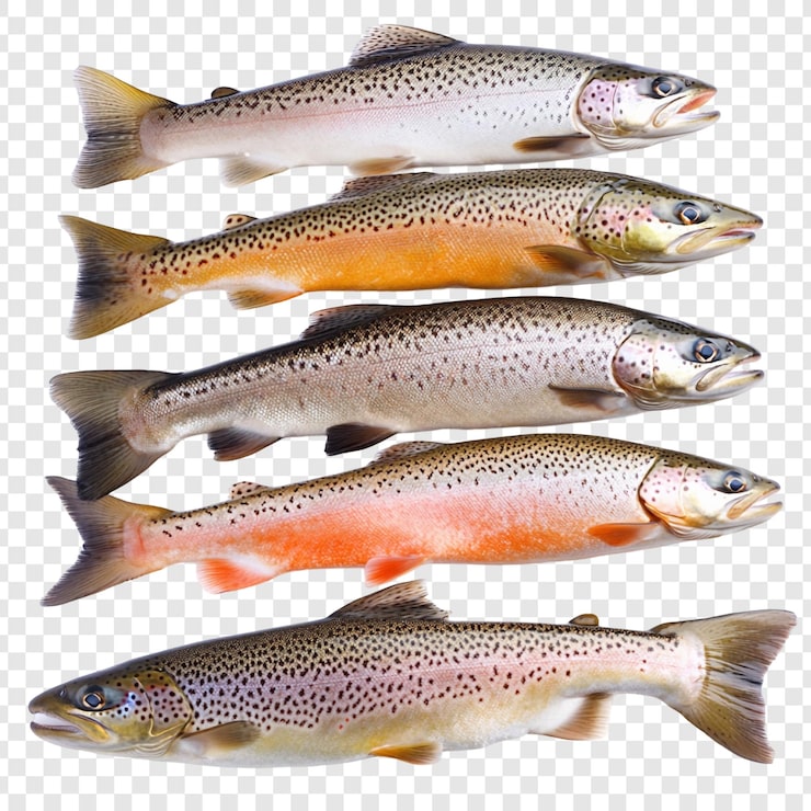Gratis PSD fem fargerike ørretfisk utstilt