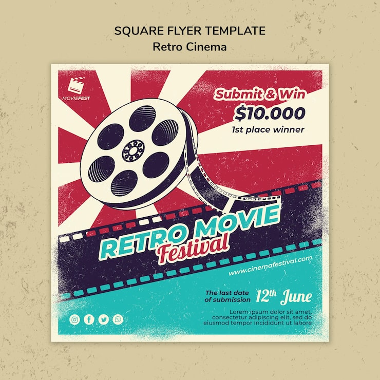 Gratis PSD firkantet flyermal for retro kino