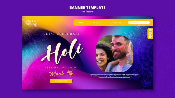 Gratis PSD gradient farverig holi festival landingsside skabelon