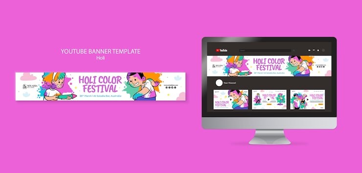 Gratis PSD holi festival fejring youtube banner